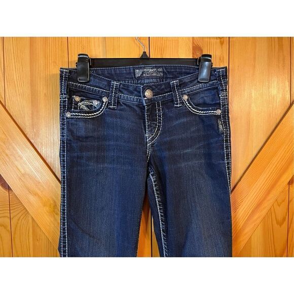 Silver Jeans Frances 18" womens size 28 x 33 distressed bootcut dark wash (3327) - Picture 3 of 9